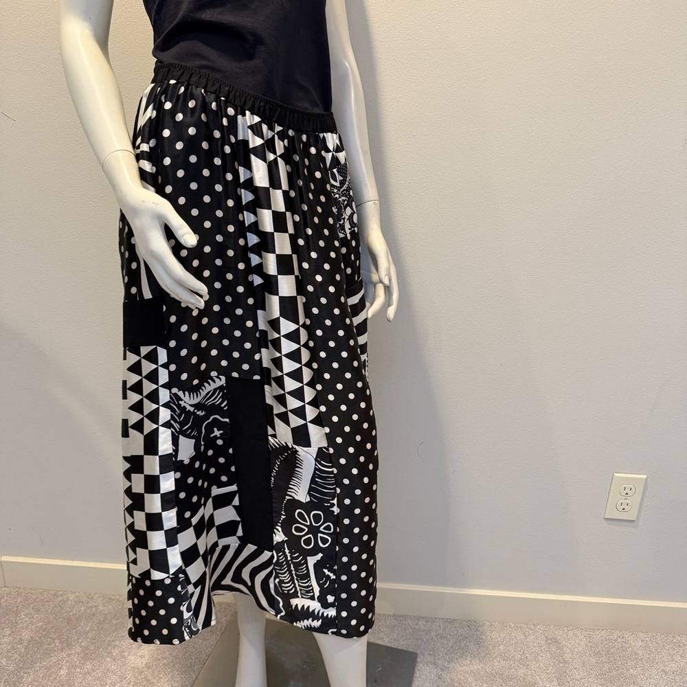 HARARI 100% Silk Black White Multi Pattern Elastic Waist Maxi Skirt Lined Pants